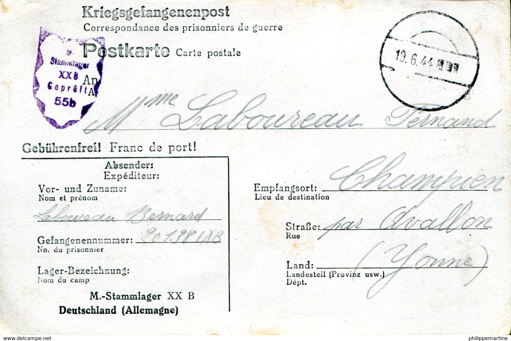 Correspondance De Prisonniers De Guerre - Famille Laboureau - Champien (89) Datée Du 19.6.44 - Guerre (timbres De)