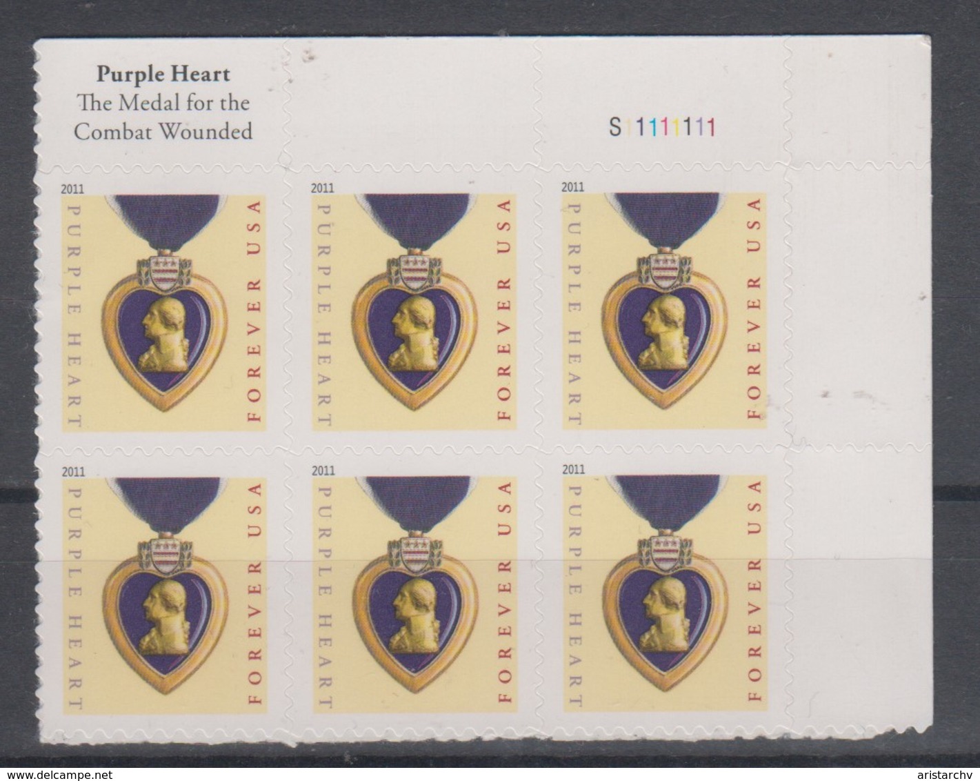 USA 2011 PLATE BLOCK OF 6 PURPLE HEART THE MEDAL FOR THE COMBAT WOUNDED - Plate Blocks & Sheetlets