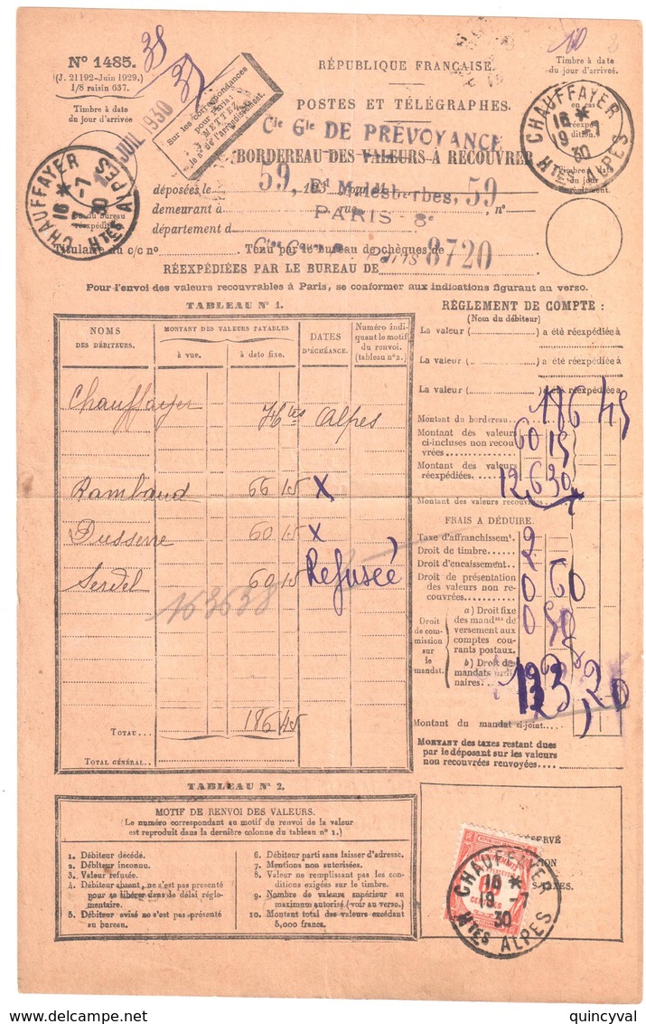 CHAUFFAYER Htes Alpes Bordereau Valeur Recouvrée 1485 Taxe à Percevoir Yv 58 60 C Rouge Formule Entière Ob 1930 T 1904 - 1859-1959 Brieven & Documenten