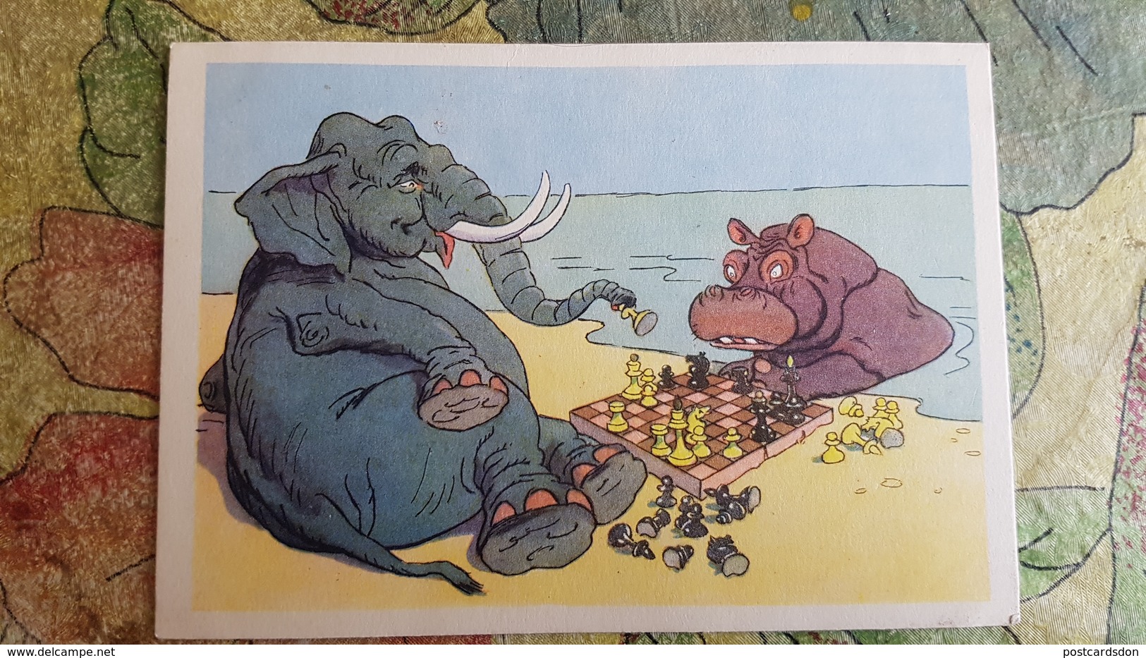 JEU - ECHECS - ELEPHANT PLAYING CHESS WITH HIPPO. OLD SOVIET POSTCARD. 1956 - Echecs