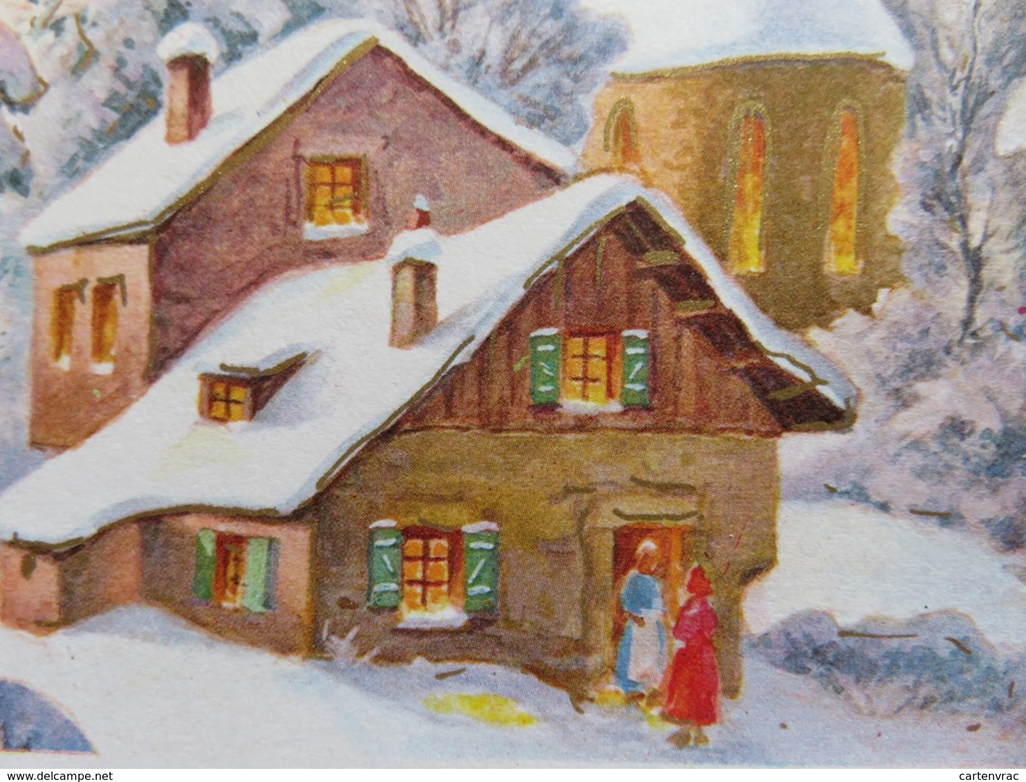 Carte Postale Bonne Année - Chalet Montagnard Et église Sous La Neige - Deux Dames Devant La Porte - Anno Nuovo