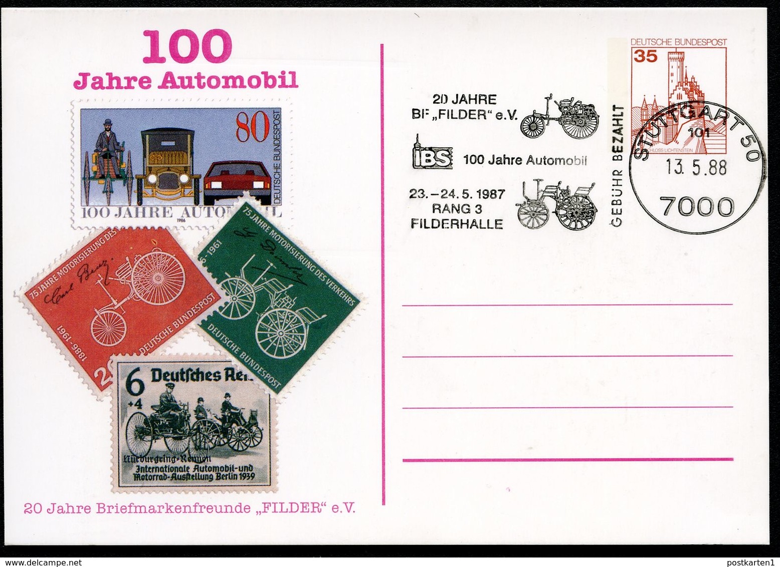 Bund PP99 B1/001 100 J. AUTOMOBIL  Sost. Stuttgart 1988 - Privatpostkarten - Gebraucht