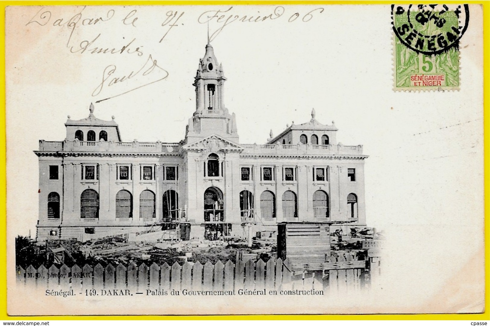 Timbre Type Sage 5 C. SENEGAMBIE Et NIGER Sur CPA Sénégal DAKAR Palais Du Gouvernement Général En Construction - Briefe U. Dokumente