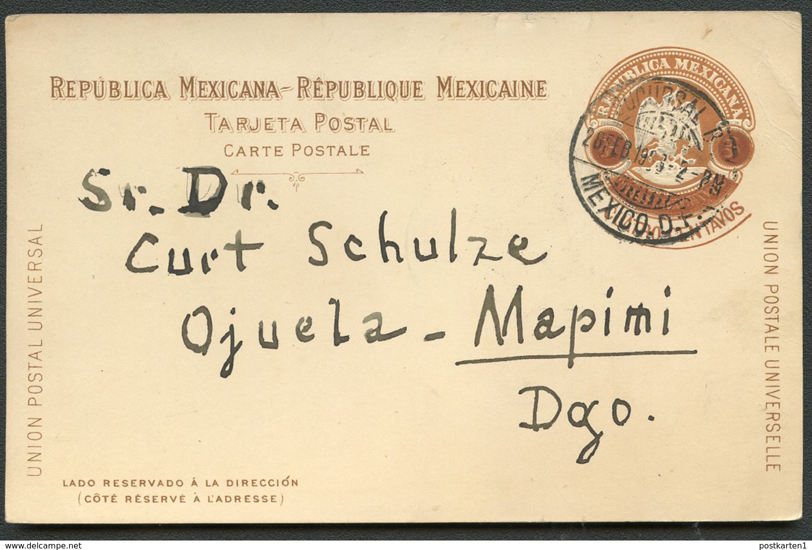 Mexico Postal Card MEPSI #PC110 Used To OJUELA MINE MAPIMI Durango 1903 - Mexique