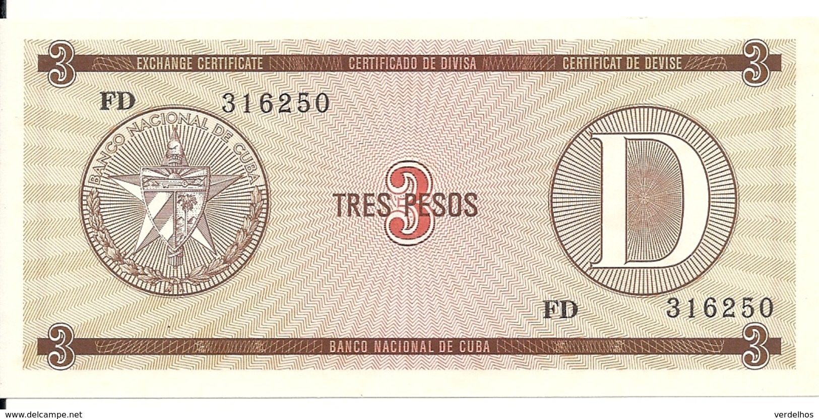 CUBA 3 PESOS ND1985 UNC P  FX33 - Cuba