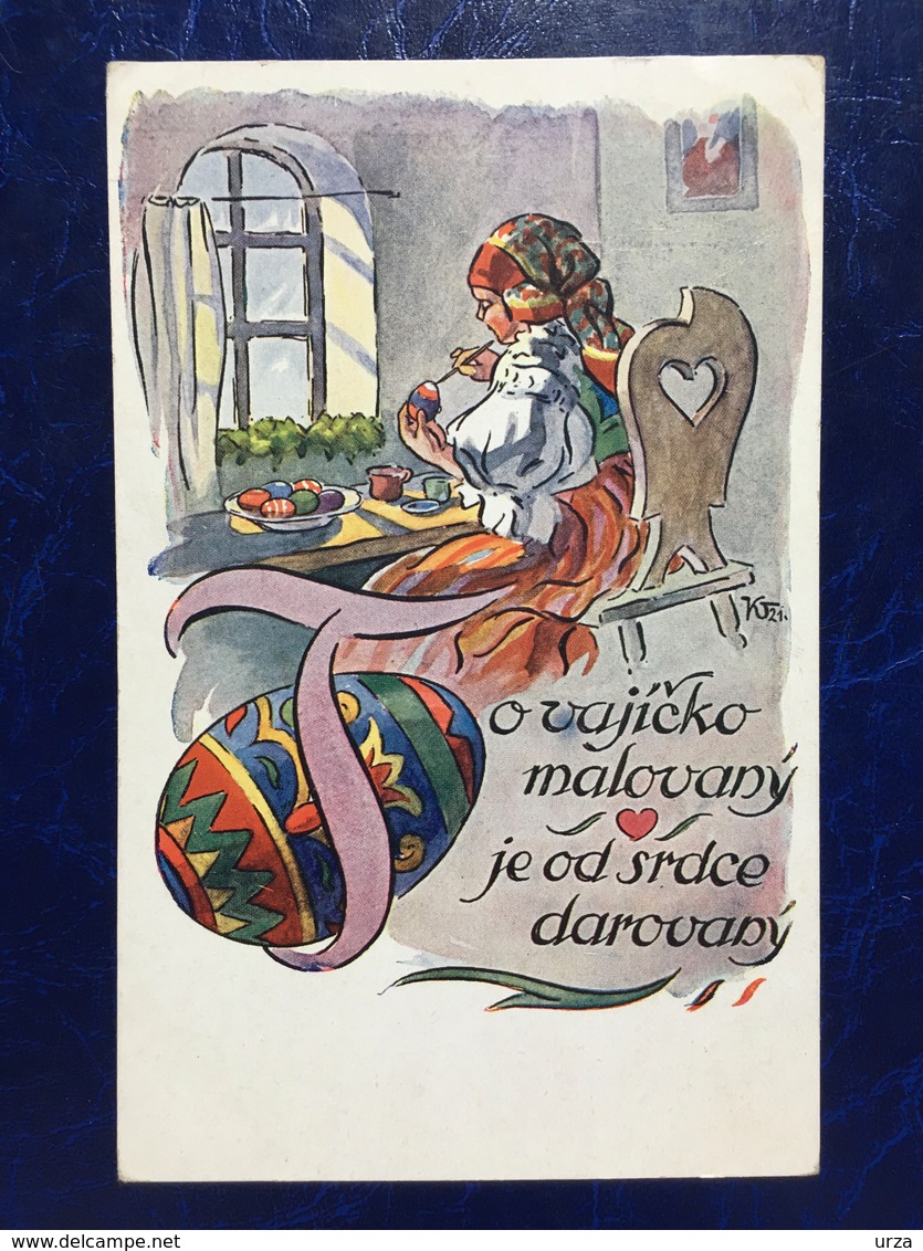 Embossed-gaufrée--"Jeune Femme Peint Des Oeufs De Pâques"-Illustrateur Tchèque-(my Ref 629) - Pascua