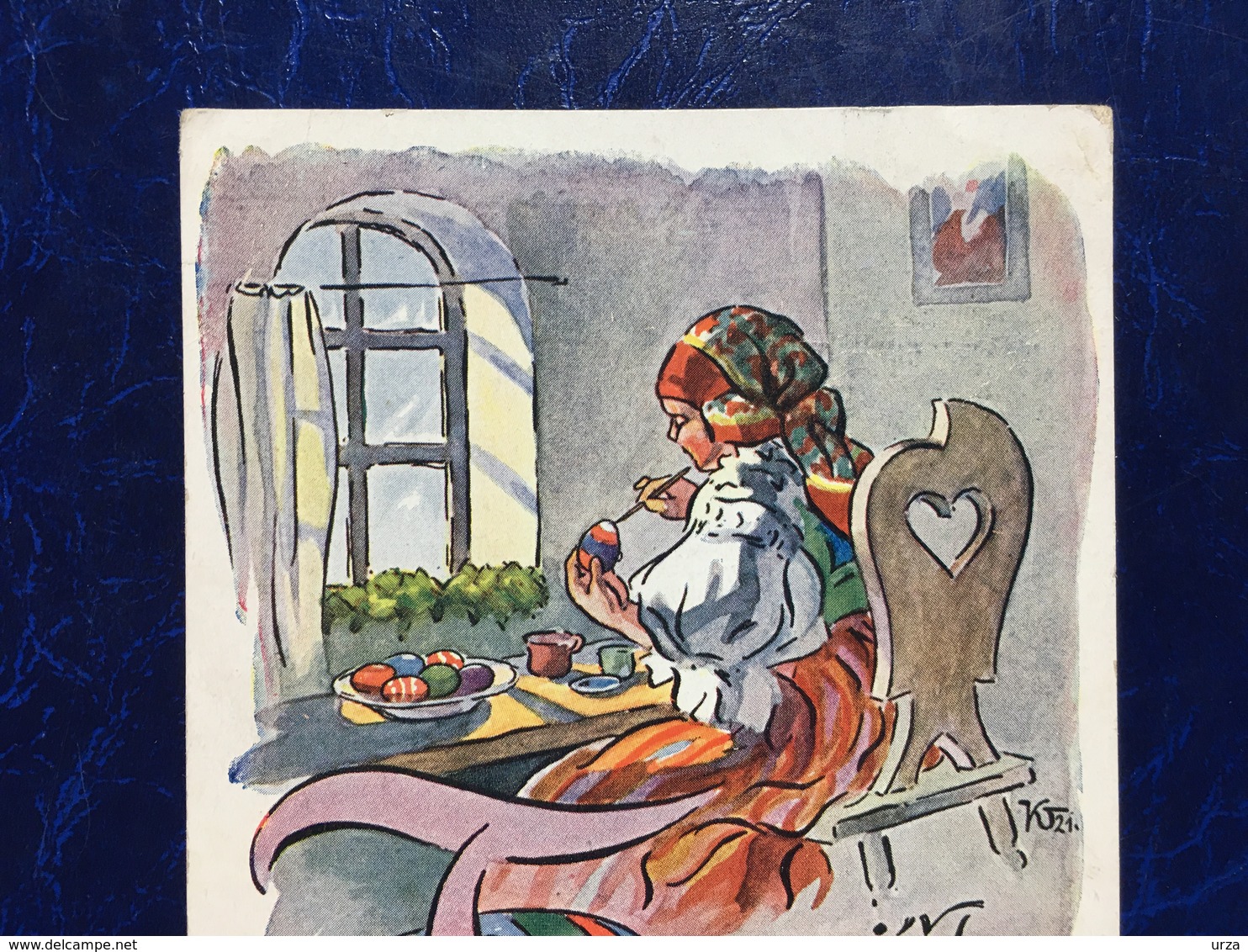 Embossed-gaufrée--"Jeune Femme Peint Des Oeufs De Pâques"-Illustrateur Tchèque-(my Ref 629) - Pascua