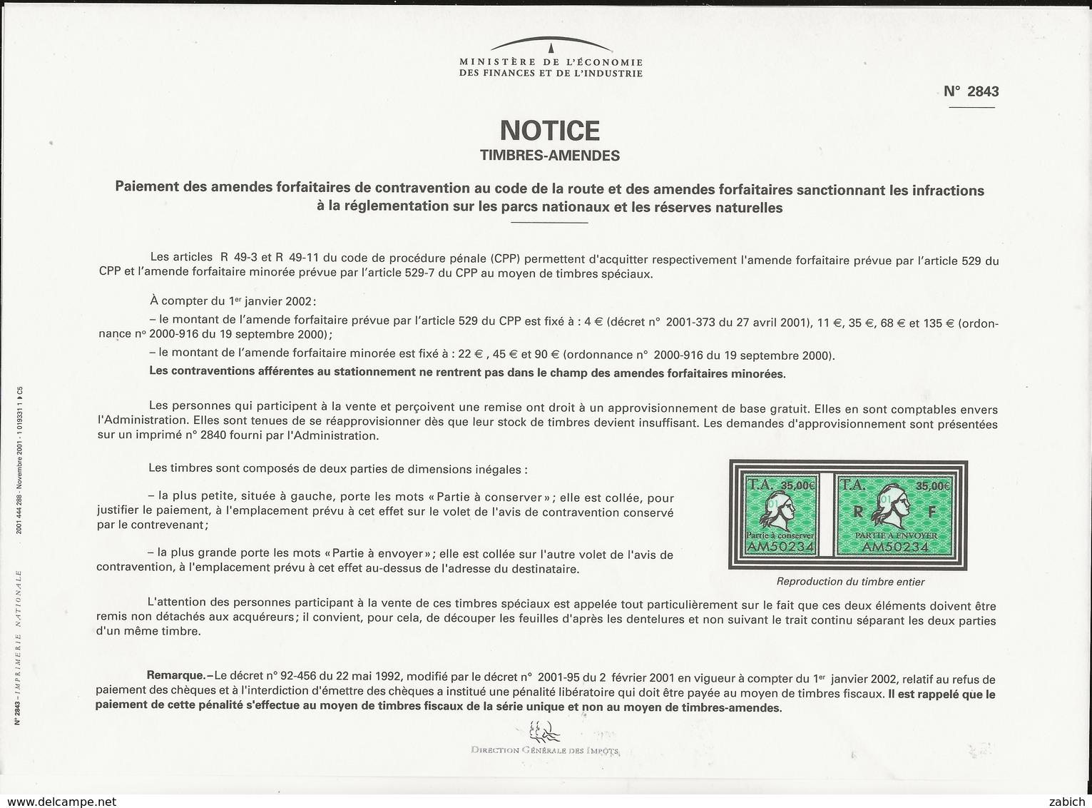 FISCAUX DE FRANCE NOTICE TIMBRES-AMENDES N°2843 Année 2001 FAC SIMILE DU TIMBRE à 35 - Altri & Non Classificati