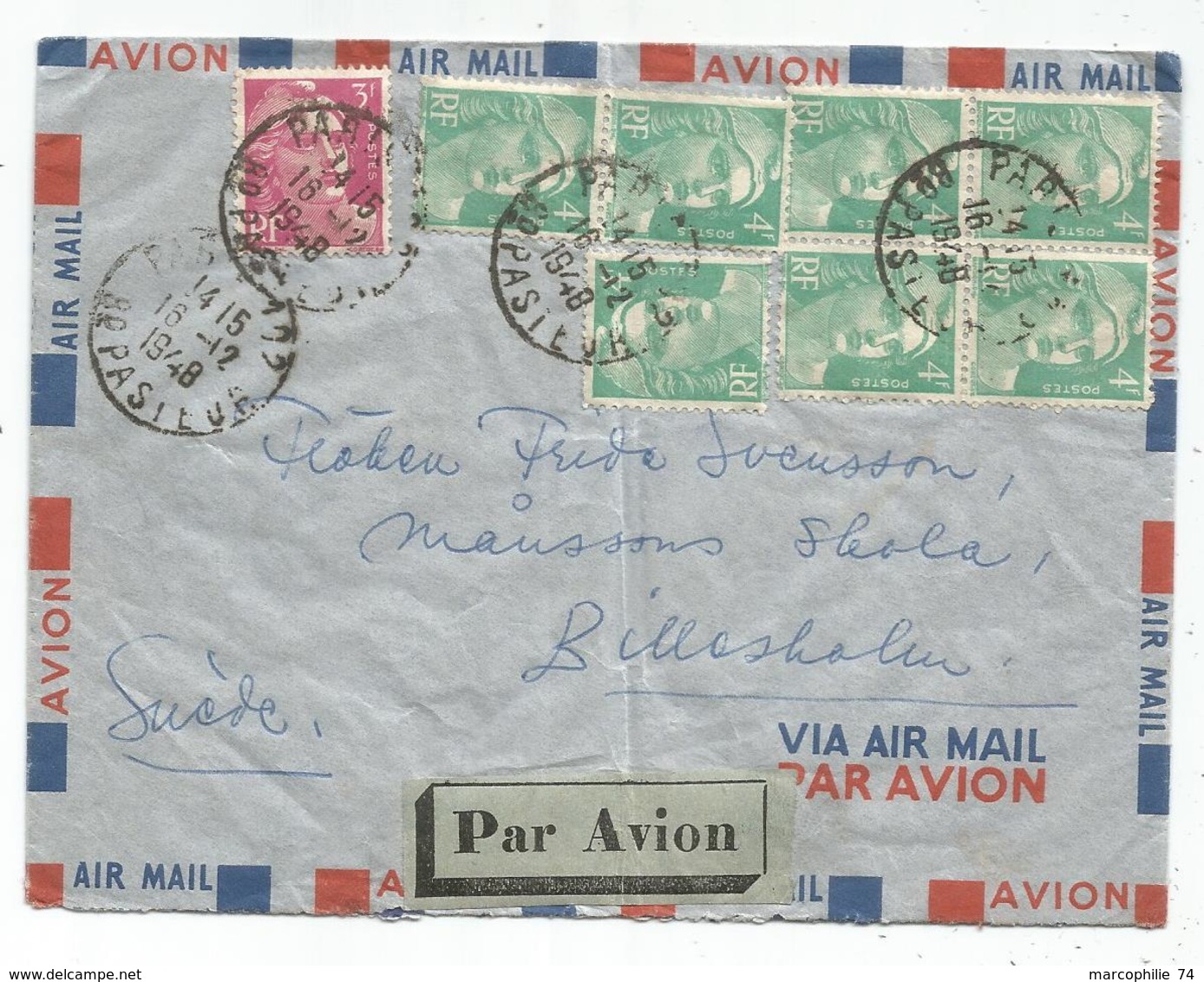 GANDON 4FR EMERAUDE 4FR BLOC DE4+3+3FR LILAS LETTRE AVION PARIS 16.12.1948 POUR SUEDE AU TARIF - 1945-54 Marianna Di Gandon