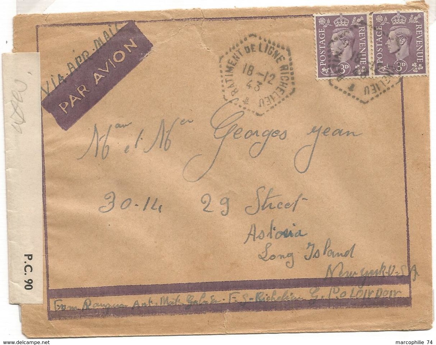 ENGLAND 3DX2  LETTRE AVION C. HEX PERLE BATIMENT LIGNE RICHELIEU 18.12.1943 POUR USA CENSURE AMERICAINE - Posta Marittima