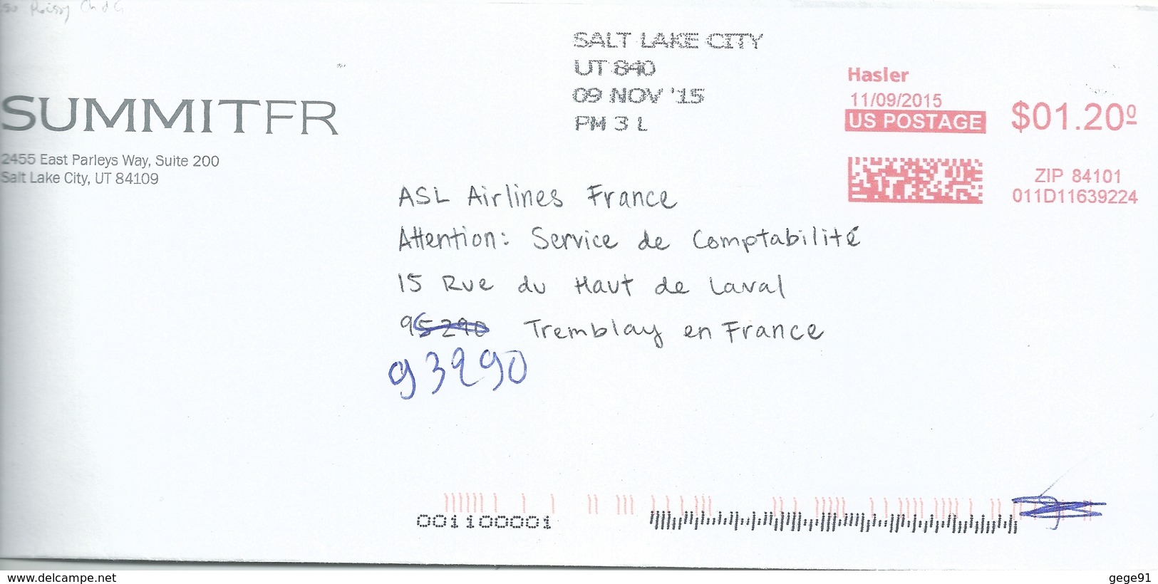 Ema Hasler - Lettre Salt Lake City Pour La France - Enveloppe Entière - Storia Postale