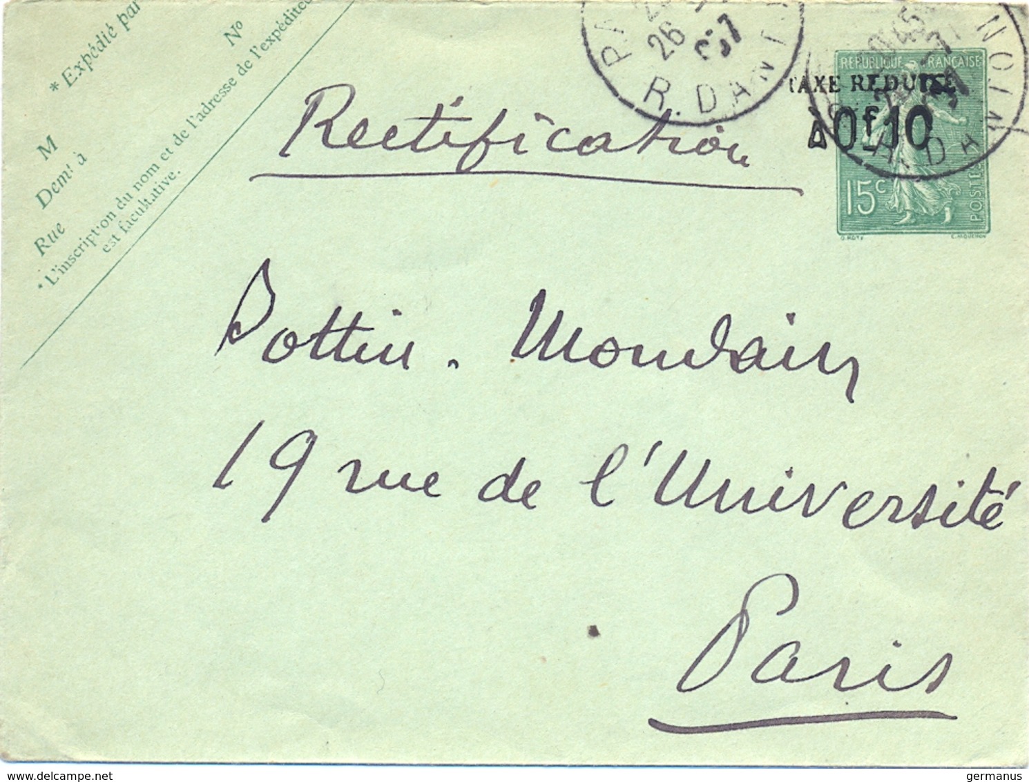 ENTIER ENVELOPPE 15 C Semeuse Lignée Surchargée À 0f10 Taxe Réduite YT 130-E7 Sans Date TaD PARIS R. DANTON Du 26-7-07 - Enveloppes Types Et TSC (avant 1995)