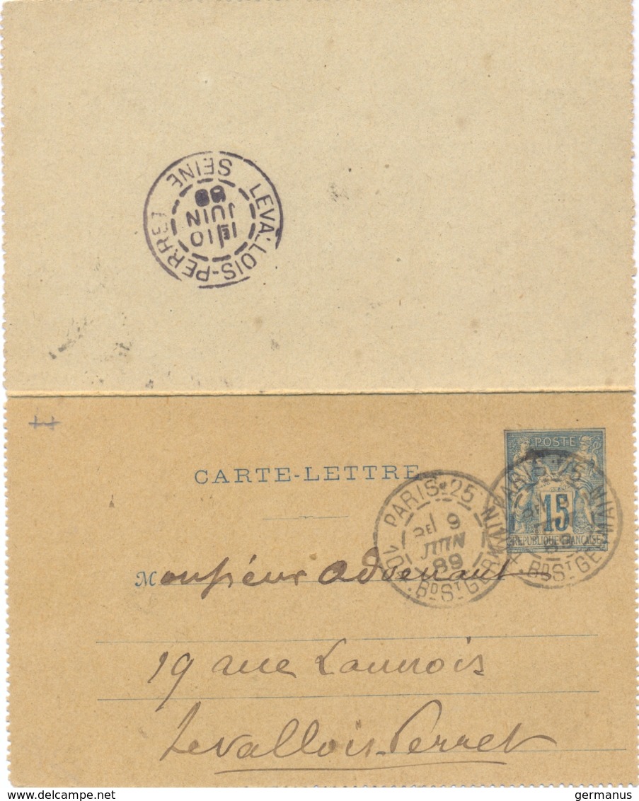 ENTIER CARTE-LETTRE TYPE SAGE 15 C. TàD PARIS_25 104 Bd ST GERMAIN Du 9 JUIN 89 - Cartoline-lettere