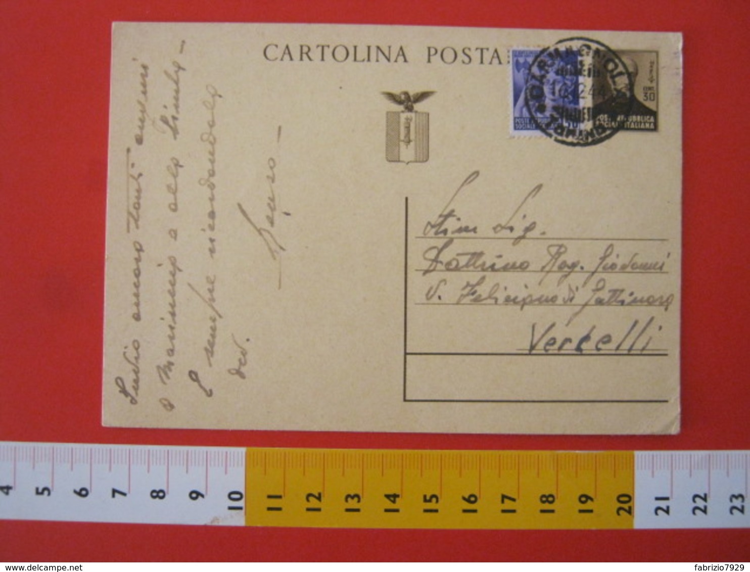 PC.3 ITALIA RSI CARTOLINA POSTALE - 1944 MAZZINI 30 CENT BRUNO FRANCOBOLLO AGGIUNTO DA CARMAGNOLA TORINO 16/12 1945 X VC - Interi Postali