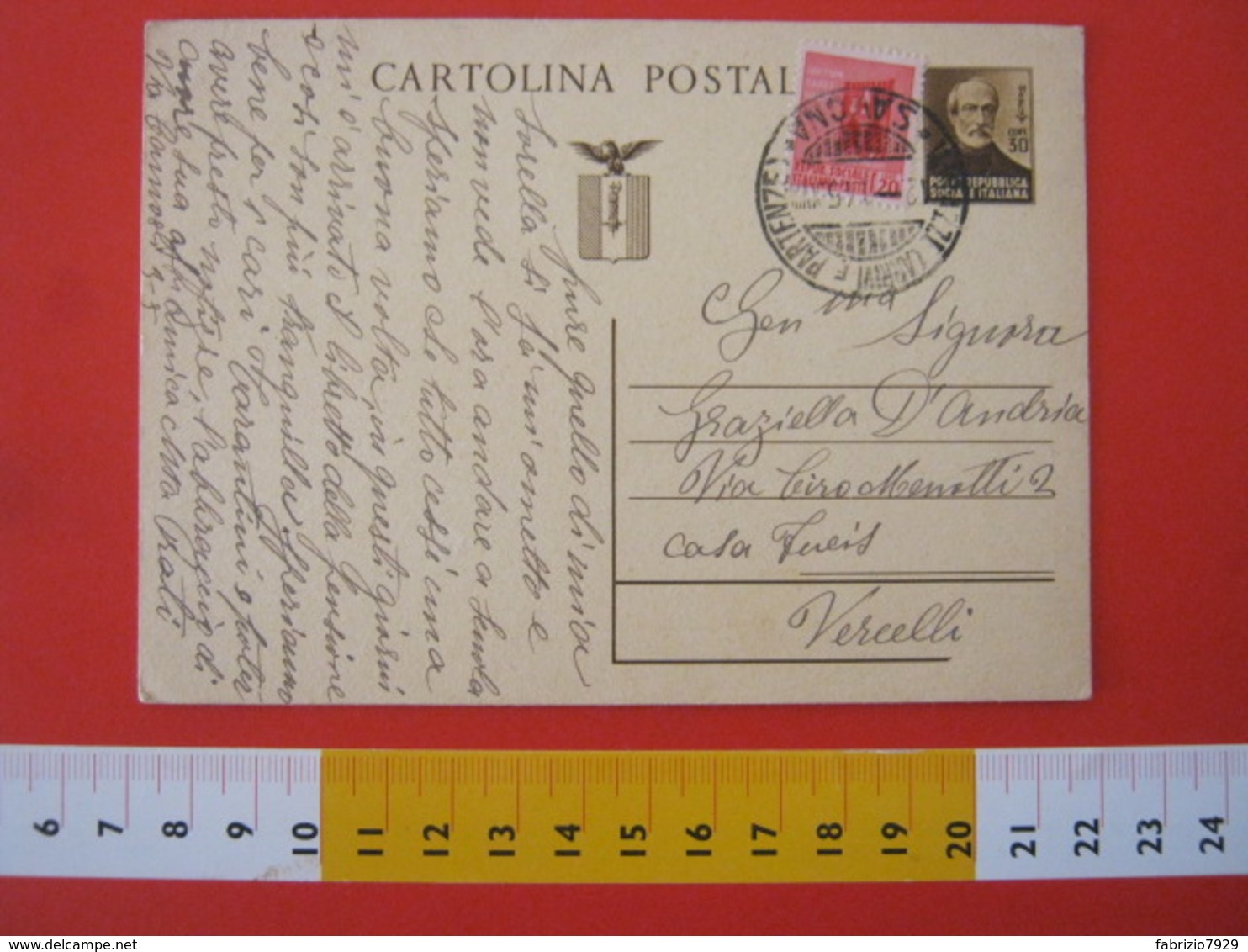 PC.3 ITALIA RSI CARTOLINA POSTALE - 1944 MAZZINI 30 CENT BRUNO FRANCOBOLLO AGGIUNTO DA VARAZZE SAVONA 12/1 1945 X VC - Entiers Postaux