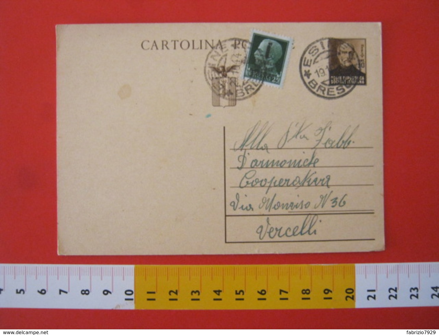 PC.3 ITALIA RSI CARTOLINA POSTALE - 1944 MAZZINI 30 CENT BRUNO FRANCOBOLLO AGGIUNTO DA ESINE BRESCIA 19/10 1944 X VC - Stamped Stationery