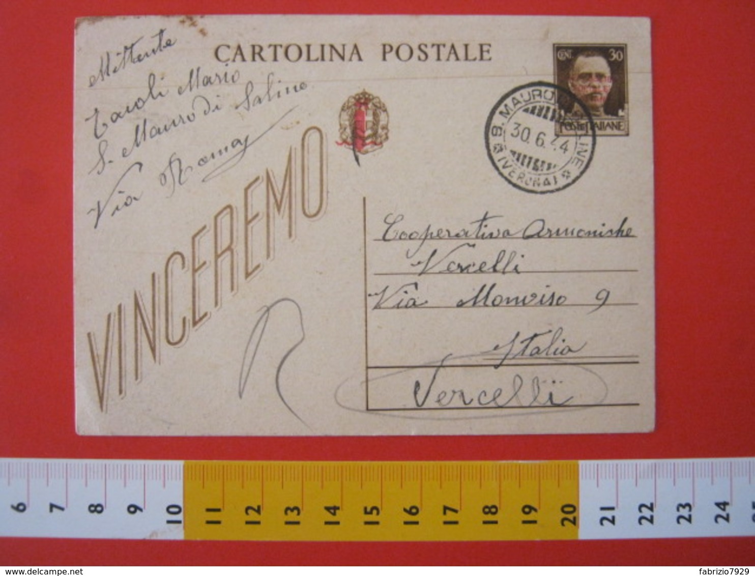 PC.3 ITALIA RSI CARTOLINA POSTALE - 1944 VINCEREMO SOVRASTAMPATA ROSSO FASCIO TESTO DA S. MAURO DI SALINE VERONA 30/6 - Postwaardestukken