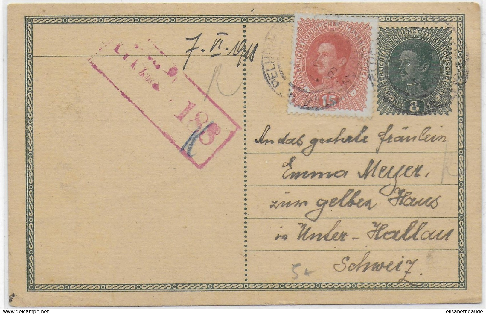 AUTRICHE - 1918 - CARTE ENTIER De PILGRAM In BÖHMEN Avec CENSURE De FELDKIRCH => UNTER HALLAU (SUISSE) - Other & Unclassified