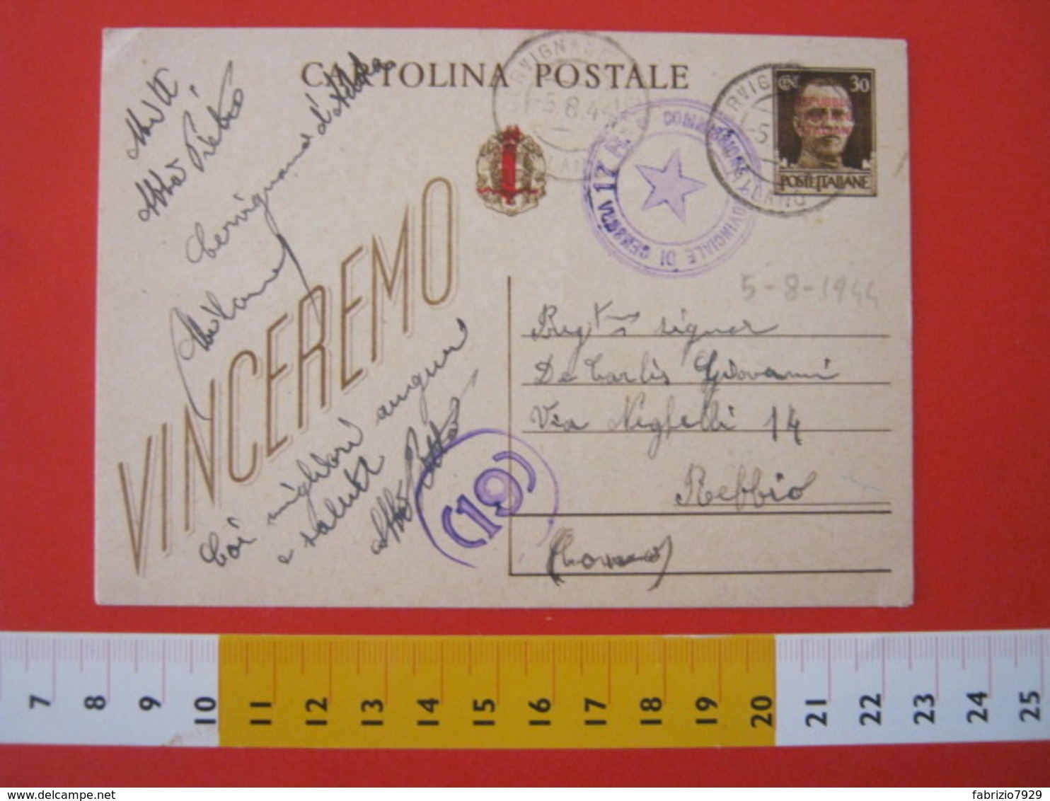 PC.3 ITALIA RSI CARTOLINA POSTALE - 1944 VINCEREMO SOVRASTAMPATA ROSSO FASCIO DA CERVIGNANO ADDA MILANO LODI 5/8 CENSURA - Entero Postal