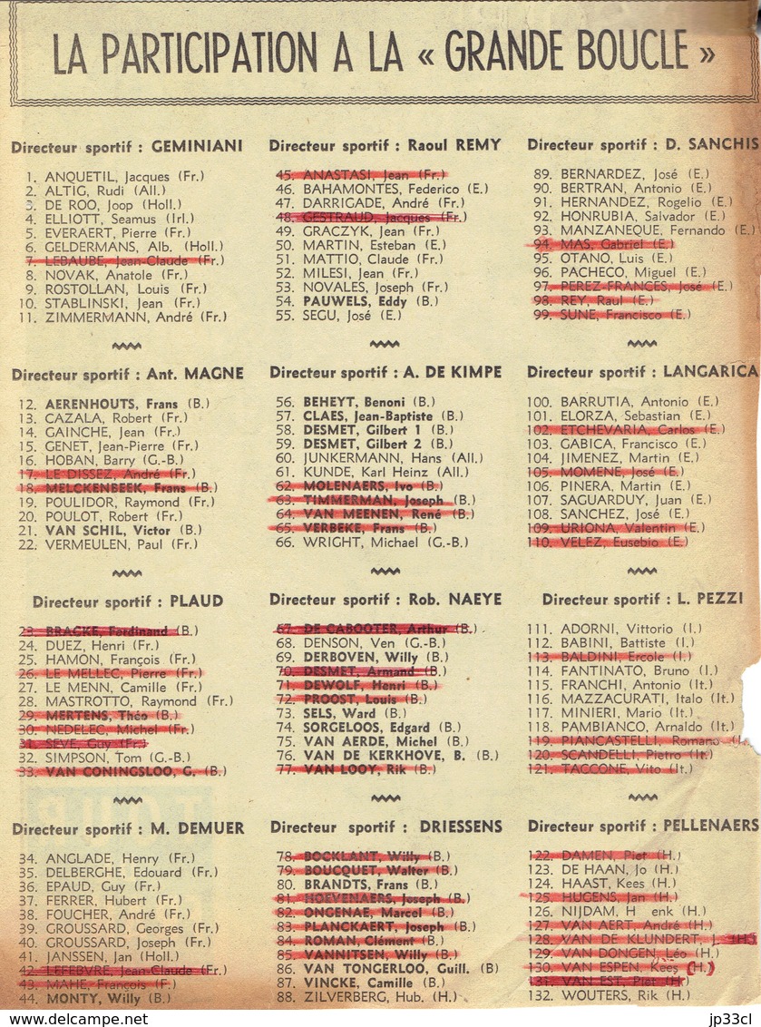 Tour De France 1964 : Liste Des Participants... Et Des Abandons (Extrait Du Journal Belge Le Soir) - 1950 - Nu