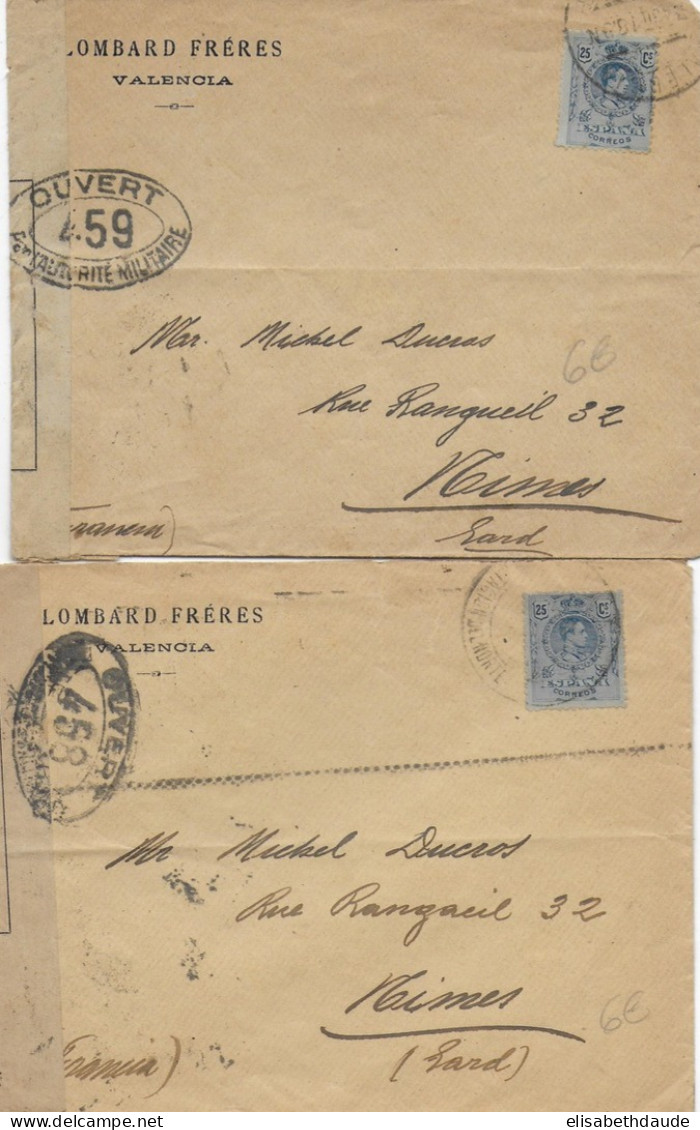 1918 - 2 ENVELOPPES De VALENCIA  (ESPAGNE) Avec CENSURE FRANCAISE 458 ET 459 => NIMES - Briefe U. Dokumente