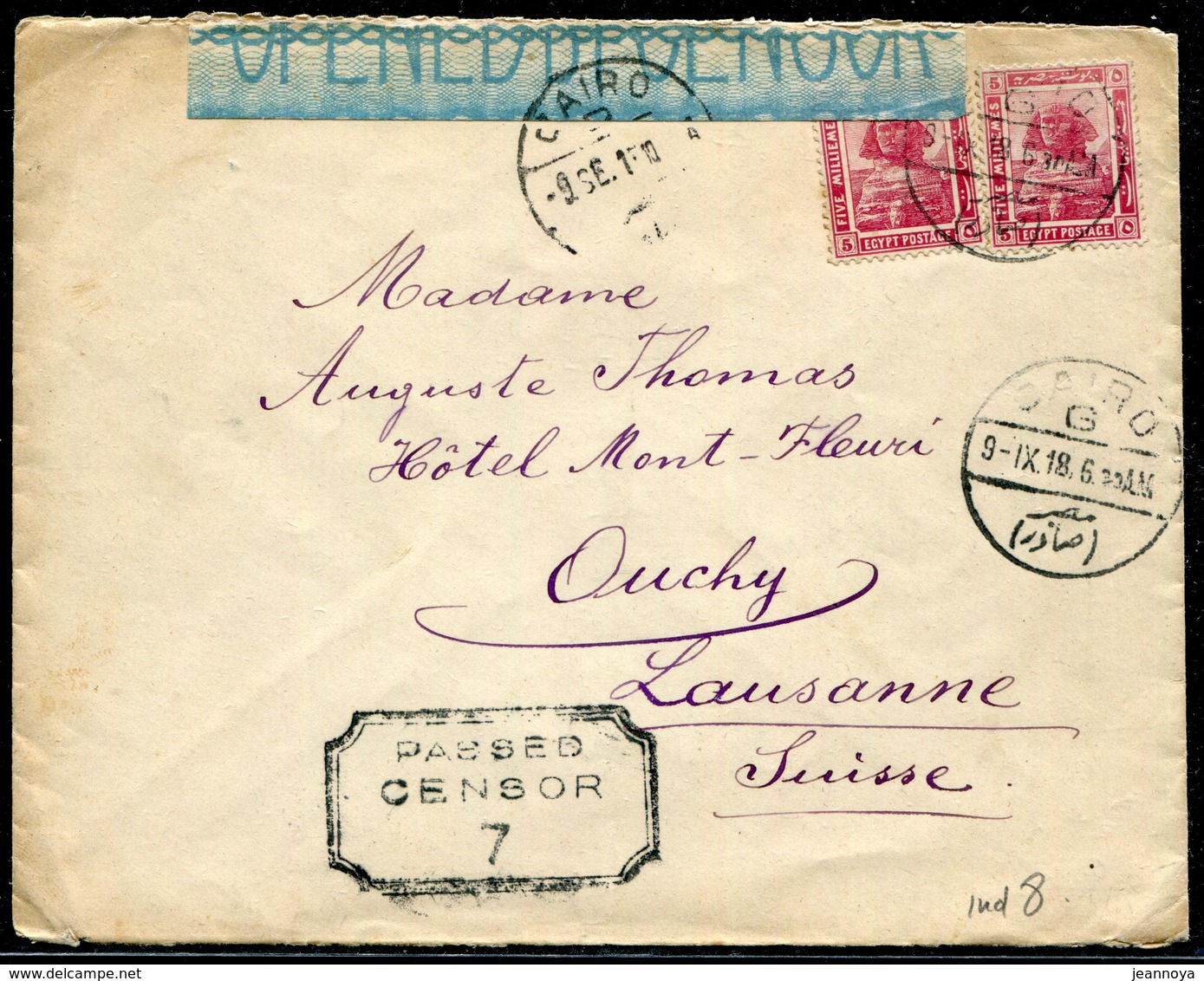 EGYPTE - N° 48 (2) / LETTRE DU CAIRE LE 9/11/1918 POUR LA SUISSE AVEC CENSURE - TB - 1915-1921 Protectorat Britannique