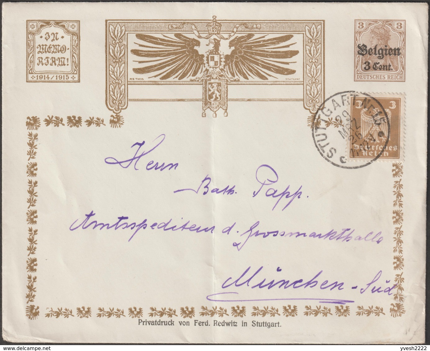 Belgique 1916/1926. Entier Postal, Enveloppe Timbrée Sur Commande Occupation. Imprimée à Stuttgart, Stuttgart à Munich - Occupazione Tedesca