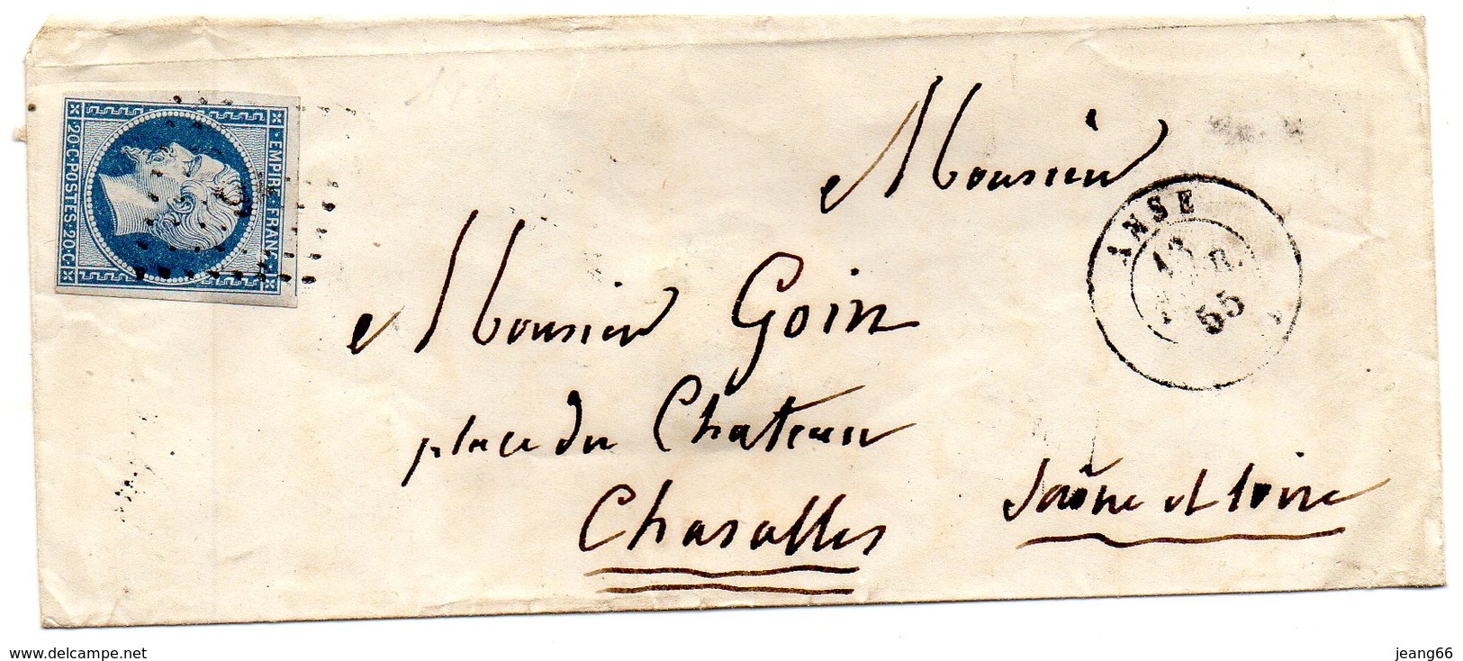 P.c.92 ANSE Sur N° 14 I Bleu Laiteux Sur Chamois (rare),13/2/55 Pour CHAROLLES. - 1849-1876: Classic Period