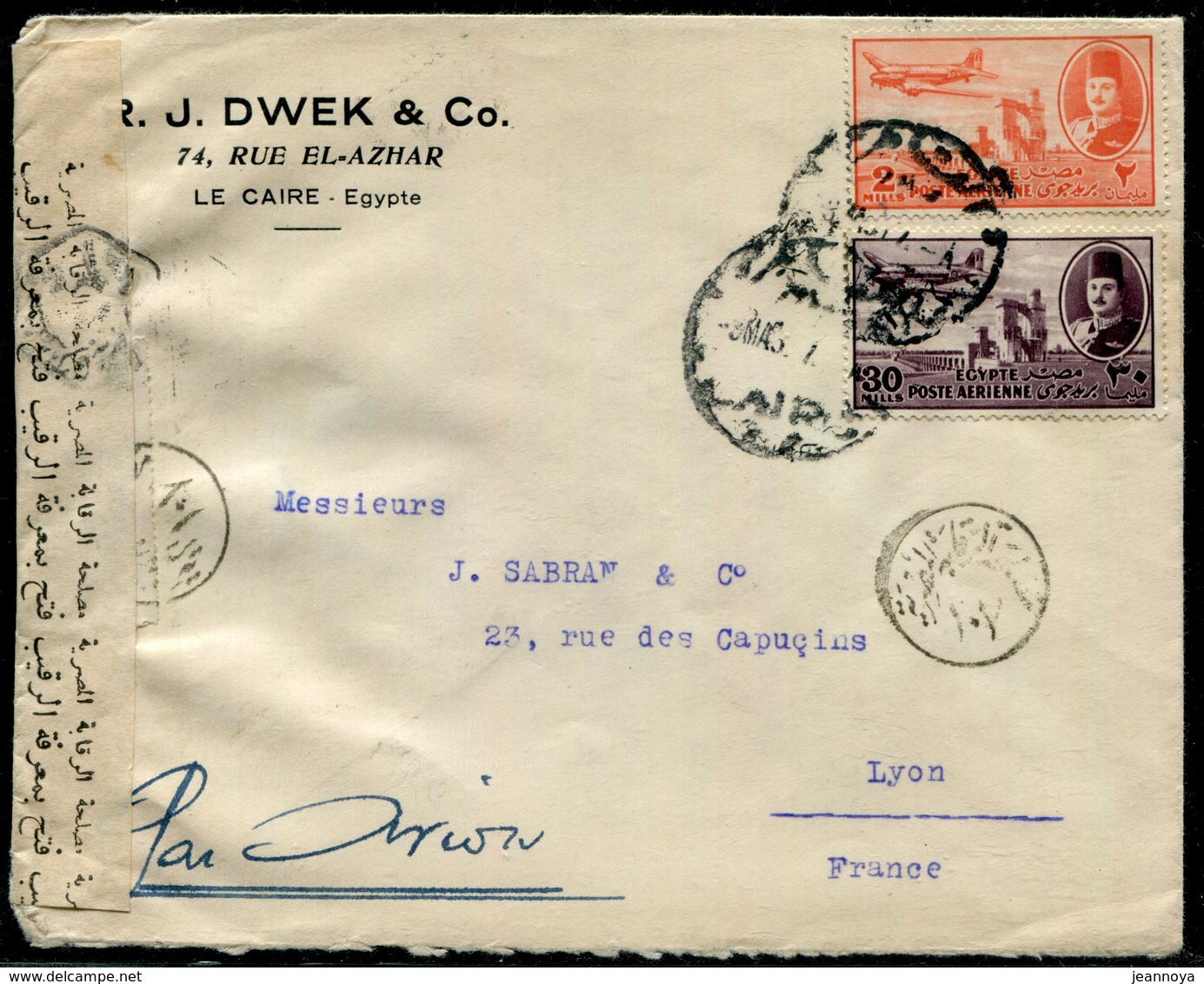 EGYPTE - PA N°29 + 36 / LETTRE AVION DU CAIRE LE 3/3/1947 POUR LYON AVEC CENSURE - B - Poste Aérienne