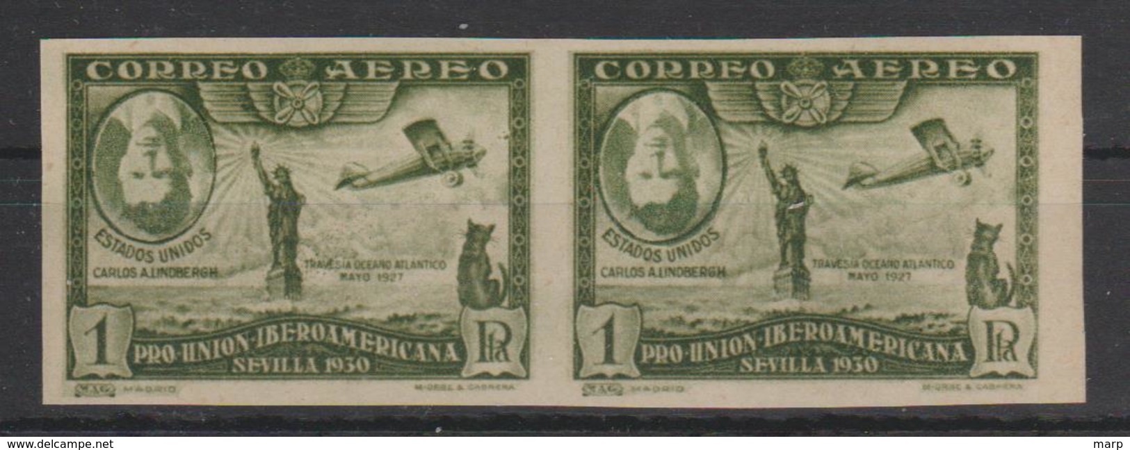 Spain 1930 1p Spanish-American Exhibition Issue With Lindbergh Head Inverted And Misplaced In Pair Mnh? - Probe- Und Nachdrucke