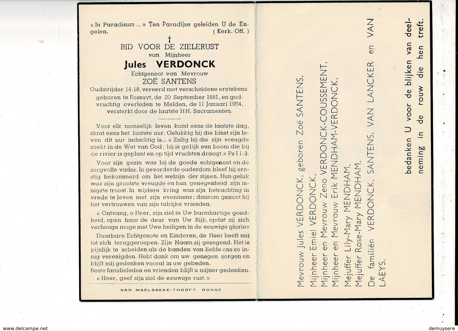 DP 9870 - JULES VERDONCK - SANTENS - BOSSUYT 1881 + MELDEN 1954 - OUDSTRIJDER 14-18 - Images Religieuses