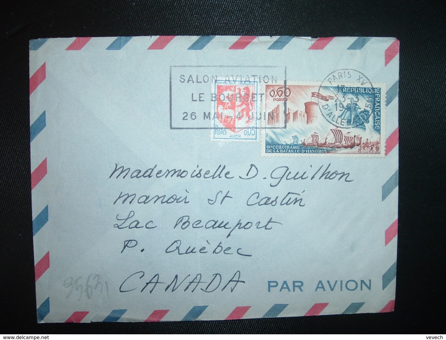 LETTRE Pur Le CANADA TP BATAILLE D'HASTINGS 0,60 + AUCH 0,05 OBL.MEC.23-3 1967 PARIS XV - 1961-....