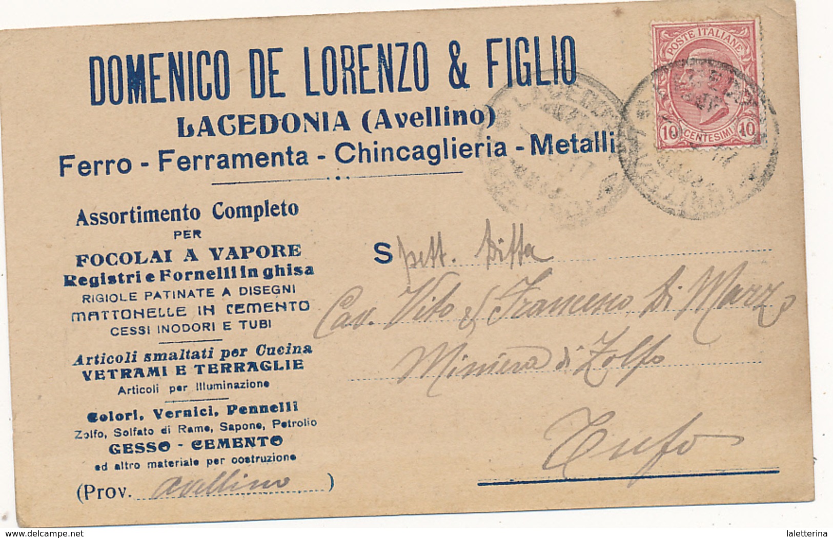 1917 LACEDONIA  CARTOLINA COMMERCIALE PUBBLICITARIA FERRO CHINCAGLIERIA METALLI MATTONELLE - Altri & Non Classificati