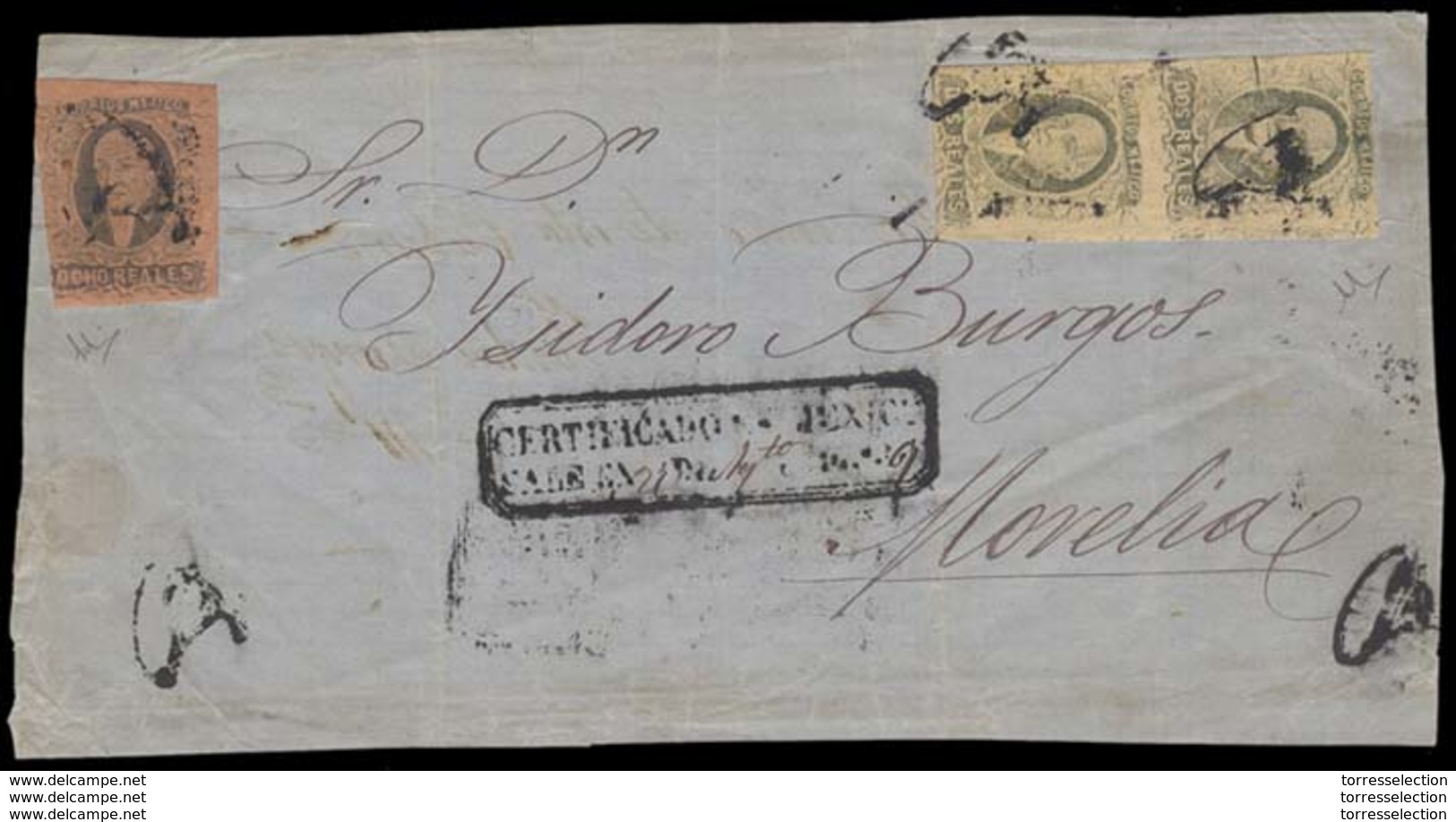 MEXICO. OCHO REALES GOTHIC ON COVER + TWO REALES PLATE BREAK PAIR. 1867 (27 Aug). Sc. 37 (2), 40. Registr Letter Front S - Mexico