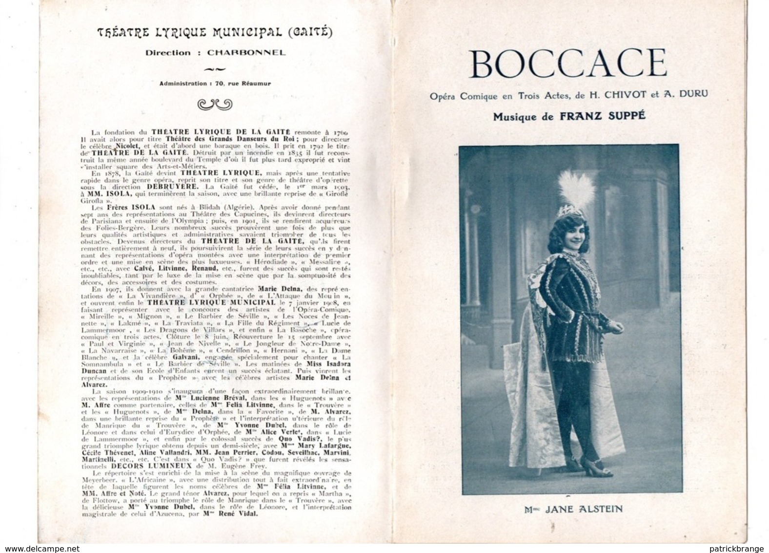 PROGRAMME . THÉÂTRE LYRIQUE DE LA GAÎTÉ . " BOCCACE ". Mme JANE ALSTEIN, M. CHADAL . FRANZ SUPPÉ - Réf. N° 17P - - Programmes