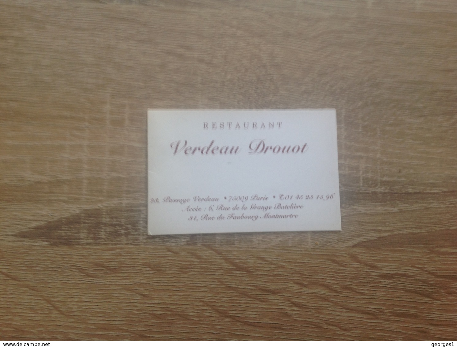 Carte De Visite De Restaurant   Verdeau  Drouot    Paris 9eme - Cartoncini Da Visita