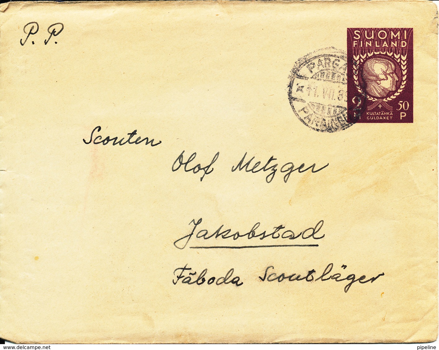 Finland Postal Stationery Pargas 11-7-1938 Sent To Jakobstad Scoutläger With A Letter Inside (a Repaired Tear At The Rig - Entiers Postaux