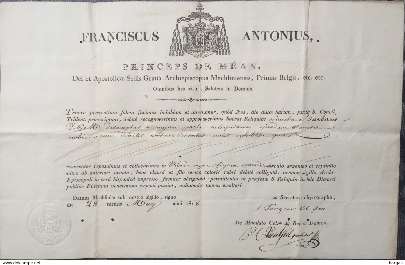 1818 Certificat De Reliquaire Relique - Religion & Esotérisme