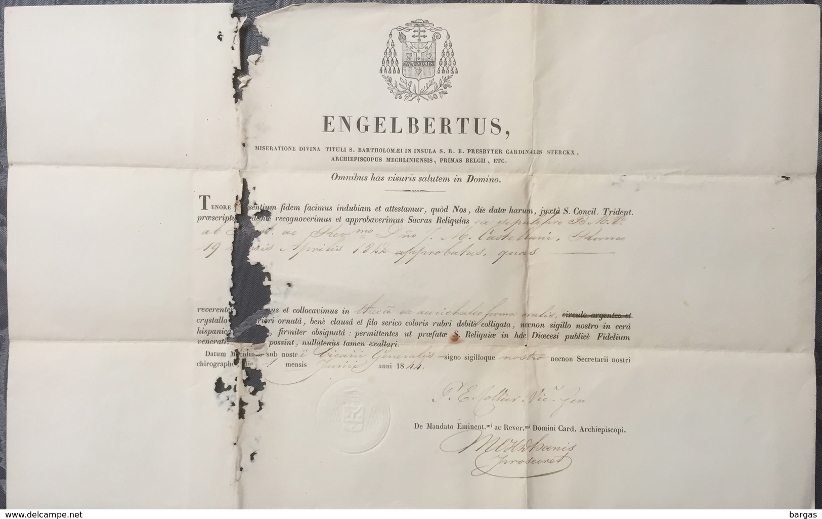 1844 Certificat De Reliquaire Relique - Religion & Esotérisme