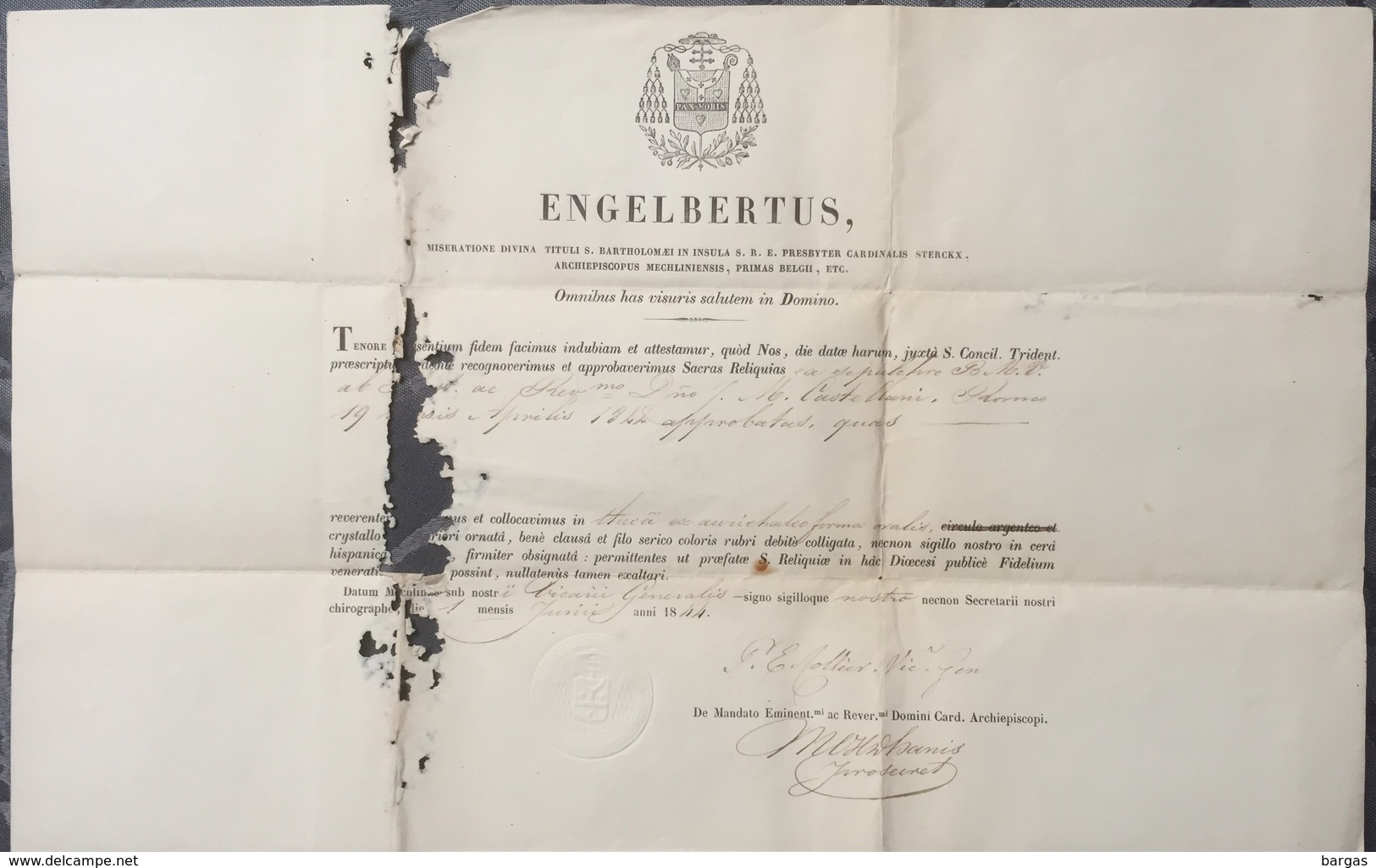 1844 Certificat De Reliquaire Relique - Religion & Esotericism