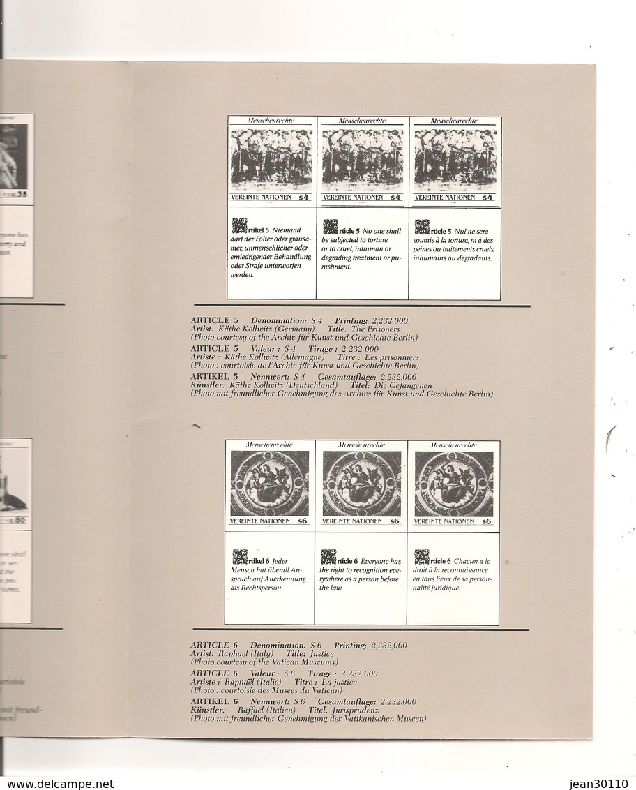 1989 DÉCLARATION UNIVERSELLE DES DROITS DE L'HOMME AVEC POCHETTES DE RANGEMENT ET DÉPLIANT PHILATÉLIQUE - New York/Geneva/Vienna Joint Issues