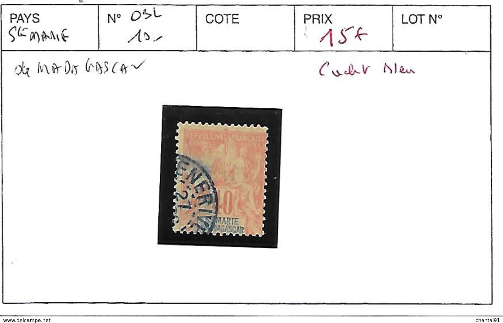 SAINTE MARIE DE MADAGASCAR N° 10 OBL CACHET BLEU - Oblitérés