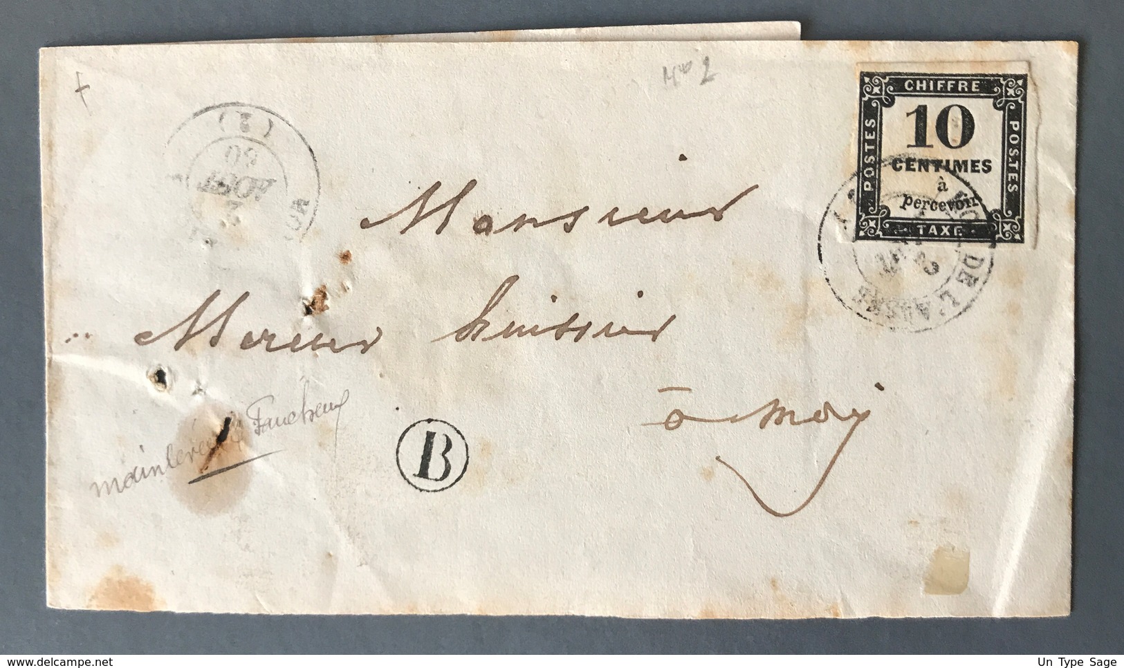 France, Taxe N°2A Seul Sur Bande 1860 (sans Correspondance) - Cachet B - Cote +100 - (B1846) - 1859-1959 Covers & Documents