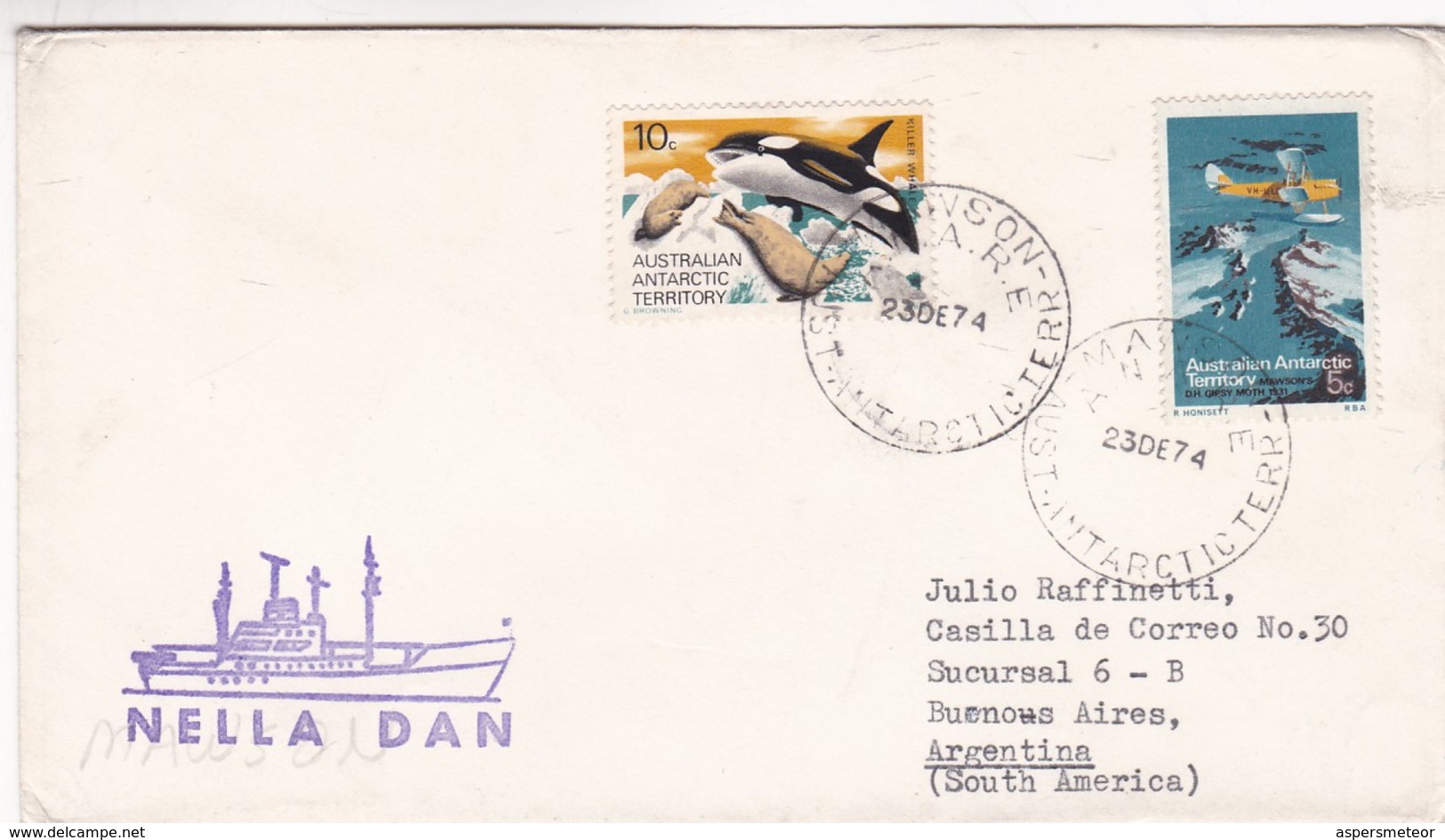 AUSTRALIAN ANTARCTIC TERRITORY ENVELOPE, CIRCULATED 1974. BENGUELA TO BUENOS AIRES, ARGENTINA. NELLA DAN -LILHU - Cartas & Documentos