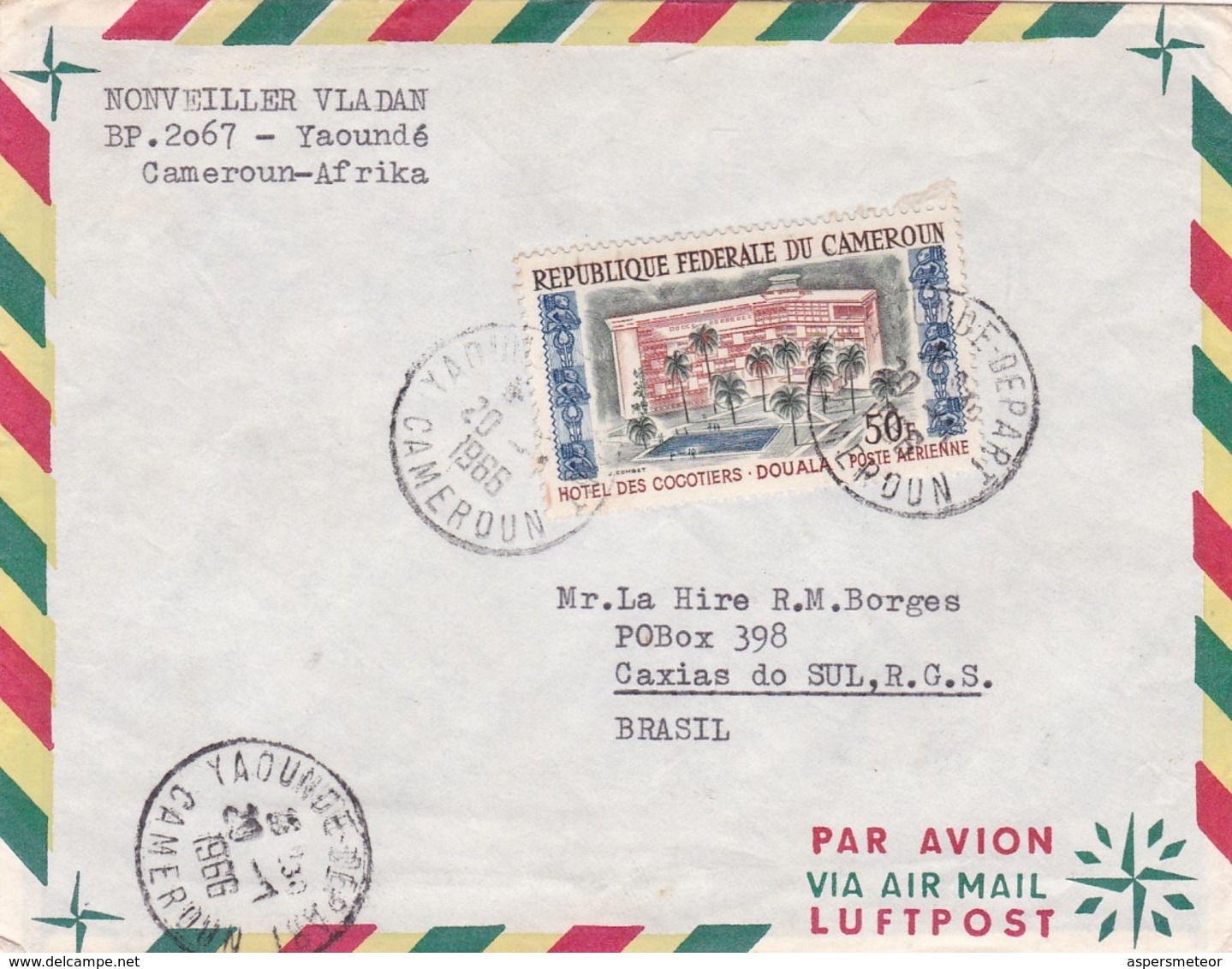 CAMEROUN ENVELOPE, CIRCULATED 1965. YAOUNDE TO CAXIAS DO SUL, BRASIL. BY AIR MAIL -LILHU - Cameroon (1960-...)