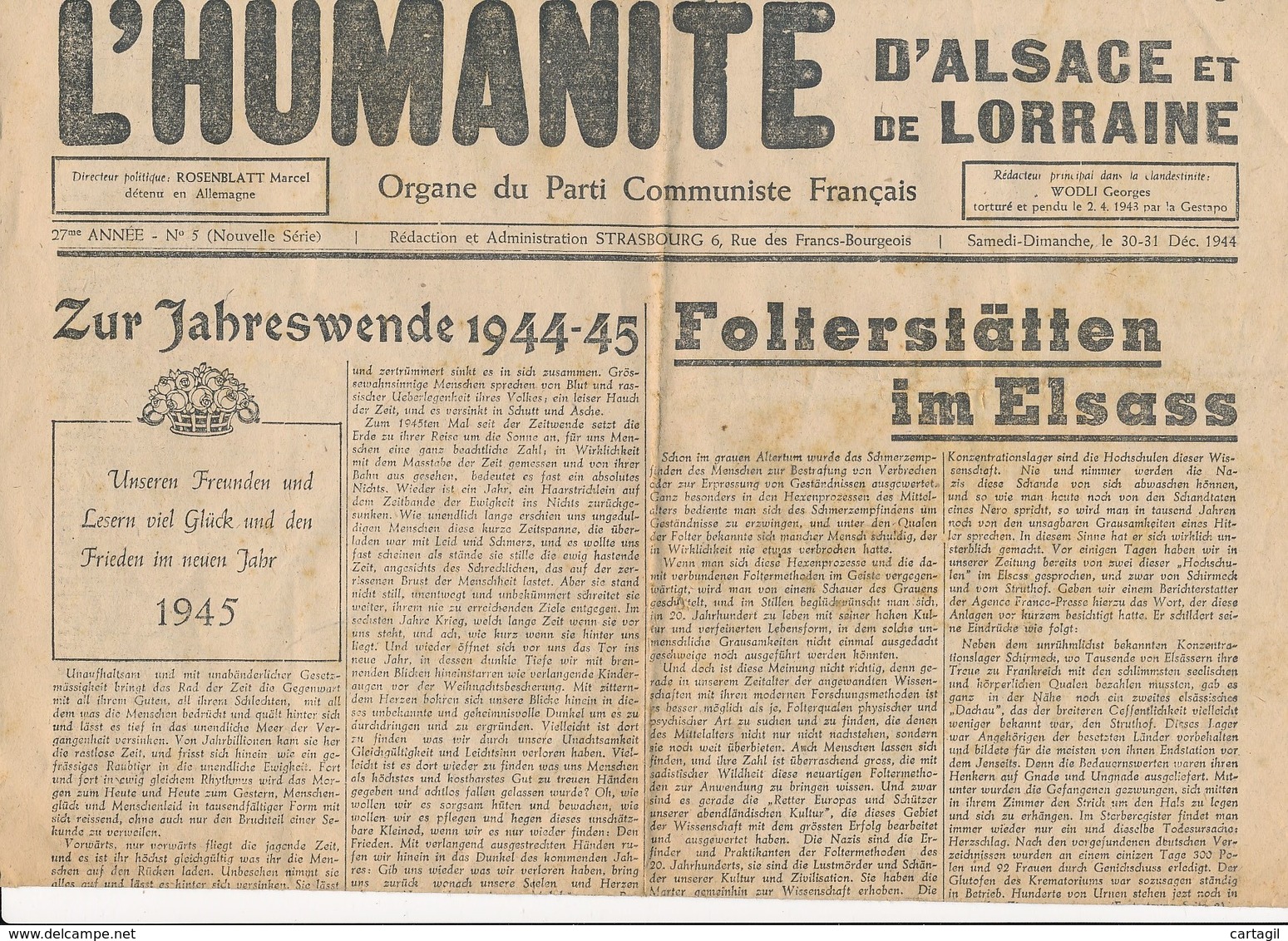 Humanité Alsace Lorraine 1944- B3719- ( Edition,  Date , Contenu ,  état ... Scan)-Envoi Gratuit - Documents