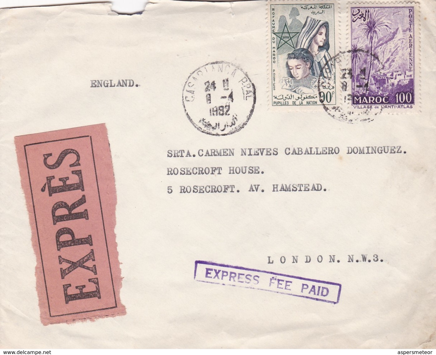 MAROC, CIRCULATED 1982. CASABLANCA TO LONDON, ENGLAND. EXPRESS FEE PAID -LILHU - Maroc (1956-...)