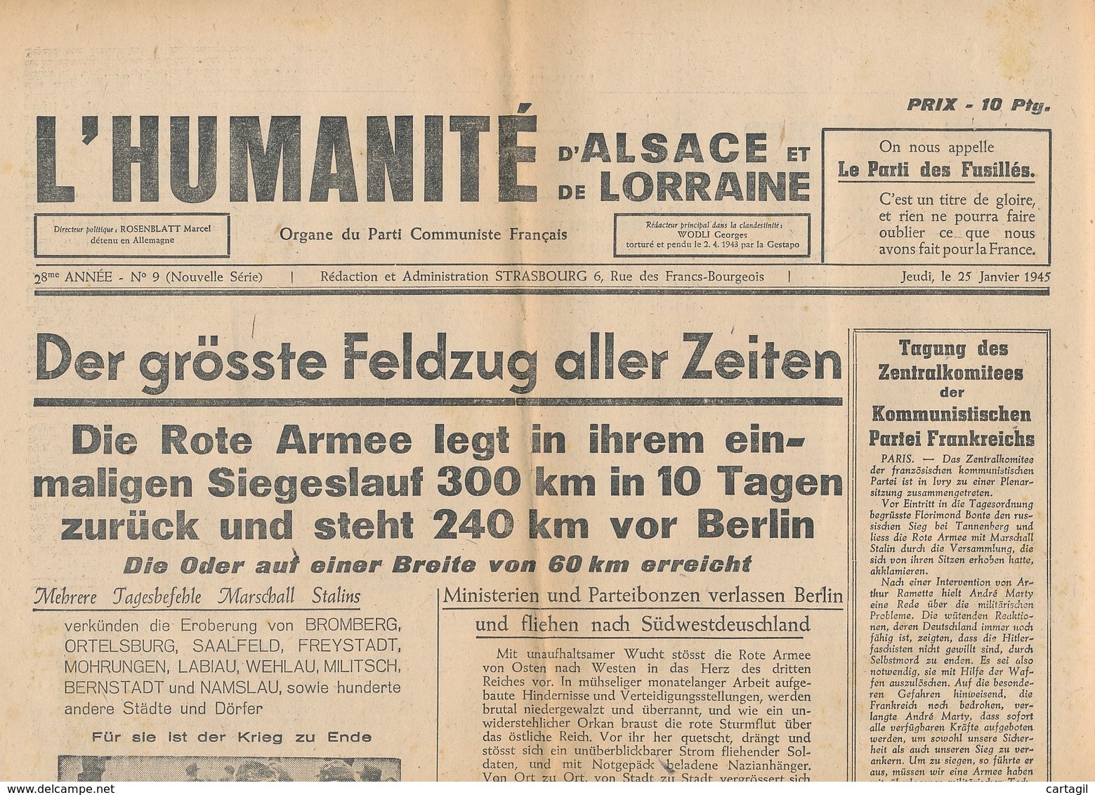 Humanité Alsace Lorraine 1945- B3719- ( Edition,  Date , Contenu ,  état ... Scan)-Envoi Gratuit - Documents