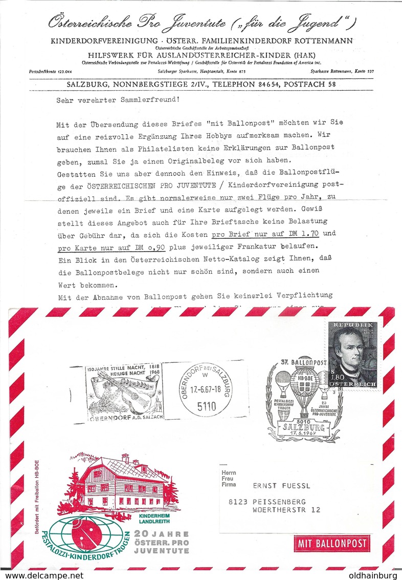 1630p: Heimatbeleg Kinderheim Landlreith Als Kuvertillustration Auf Ballonpostbeleg 1967, Selten - Rottenmann