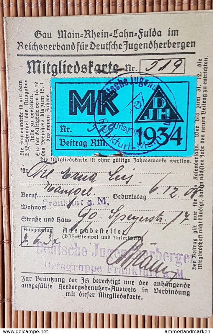 Mitgliedskarte Gau Rhein Main, Reichsverband Für Deutsche Jugendherbergen, Ortsgruppe Frankfurt, 1934 - Historische Documenten